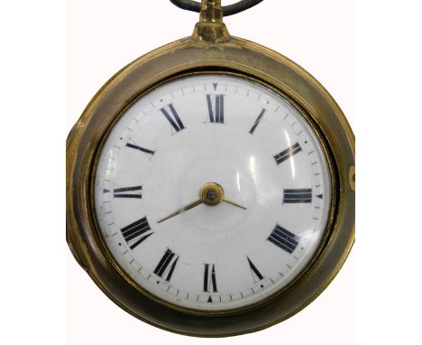 A late 18th/early 19thC pocket watch, in a brass case with white enamel Roman numeric dial, key wind with movement stamped WM