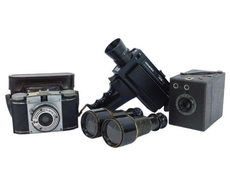 A pair of World War I military binoculars, together with a Pranar Paxina camera, a Hanimex CPM219, and a Hex box camera. 