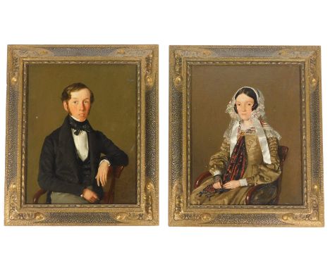 19thC School. Two portrait studies depicting a male and female seated, oil on board, 24.5cm x 19cm.