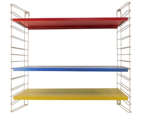 A mid century Tomado Holland tricolour metal modular shelving unit, with two white end supports united by a blue, yellow and 