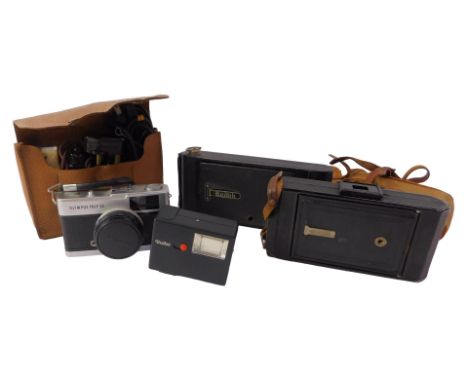 A group of cameras, to include a Kodak number 1A pocket camera, an Olympus Trip 35, etc. (1 tray)