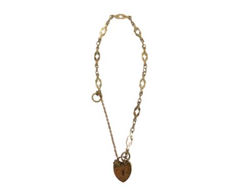 A 9ct gold gate bracelet, with fine link safety chain, heart shaped padlock and pierced design bracelet, 16cm long, 3.5g. 
