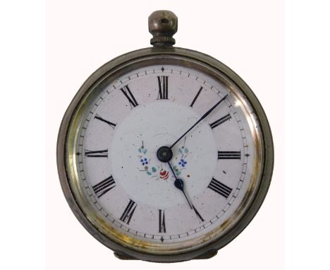 A Continental white metal fob watch, with white enamel Roman numeric dial, painted pink outer border with central flower deco