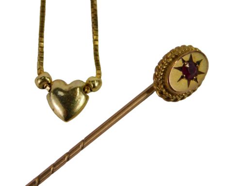 Two items of jewellery, comprising a garnet set stick pin, yellow metal unmarked, and a 9ct gold anklet, box link chain with 
