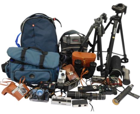 A group of camera related equipment, to include a Jessop camera bag, Prima Photo tripod, a Vanguard VEO2 Pro tripod, a Manfro