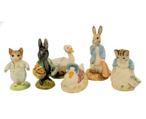 Six Royal Albert Beatrix Potter pottery figures, modelled as Jemima Puddle-Duck Made a Feather Nest, Peter and the Red Pocket