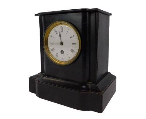 A Victorian mantel clock, with a circular white enamel dial bearing Roman numerals, thirty-hour movement, in an ebonised wood