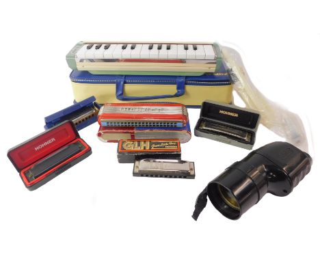 Musical instruments, to include a melodian, cased, Hohner harmonica, a Hohner Blues harp, etc. (1 tray) 