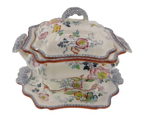 An Ashworth Bros ironstone twin-handled soup tureen, cover and stand decorated in the Hanley pattern, 24cm high.