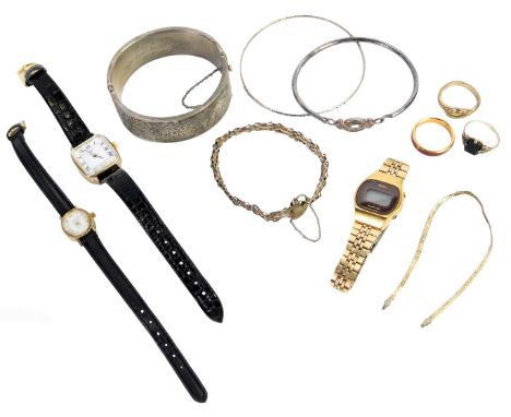 A group of silver and other jewellery, comprising two silver bangles, silver gate bracelet, Seiko lady's watch, dress rings, 