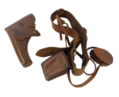 A World War I British Army leather belt, with pouch stamped 2BR, a leather compass holder named to GH Grosvenor RMC, together