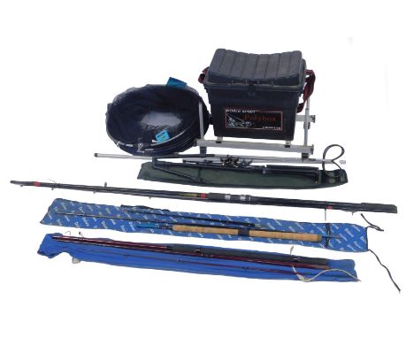 Fishing rods and equipment, including a Daiwa Jaguar multi quiver DL 10ft rod, a DAM 10ft junior match rod, keep net, rod pod