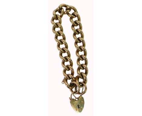 A 9ct gold gate bracelet, with heart-shaped padlock and safety chain, on heavy curb link bracelet, 18cm long, 56.3g all in. 