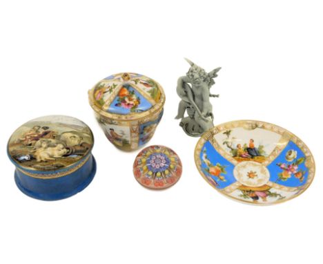 A Dresden porcelain chocolate cup, cover and saucer, decorated with reserves depicting figures interspersed with floral reser