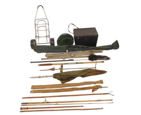 Fishing rods and equipment, including a Brennan and Hickman seat box, two wheeled trolley, upright rod rests, folding landing