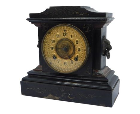 An Ansonia Clock Company black slate mantel clock, the brass circular dial with raised Arabic numerals, eight day movement, t