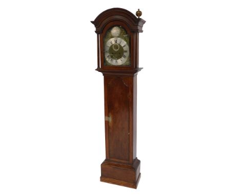 An 18thC oak cased longcase clock, the brass dial with silvered chapter ring bearing Arabic and Roman numerals, for Richard V