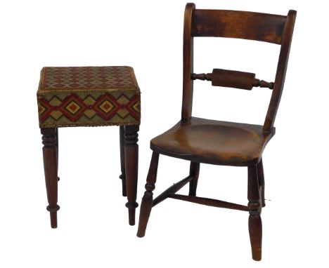 A 19thC rosewood stool, with tapestry top on turned legs, 50cm high, together with an elm country made child's chair. (2)