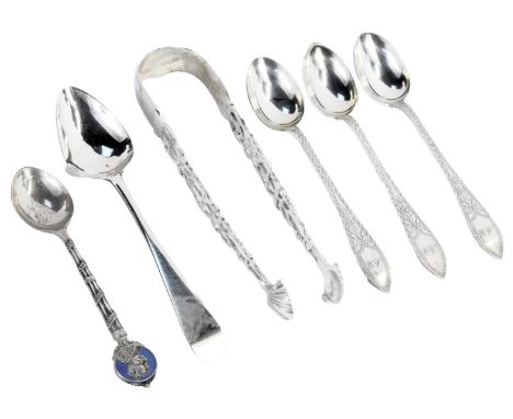 Silver cutlery, comprising five silver teaspoons, three matched, one commemorative with blue enamel top, and a set of shell c