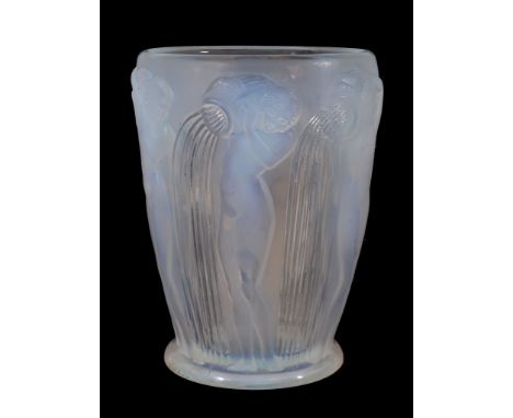  Danaides, a Rene Lalique opalescent glass vase,   designed 1926, moulded with a frieze of classical women, wheel engraved ma