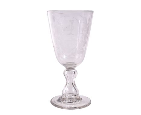  A large engraved commemorative goblet in the Jacobite style  , early 20th century, the round funnel bowl engraved with a pan