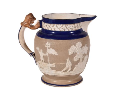  An English white felspathic and tinted commemorative jug for the Battle of Vittoria (21st June 1813),   circa 1813, sprigged