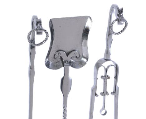  An Arts and Crafts set of three polished steel fire tools,   with twist rings to the terminals and part-twist stems, compris