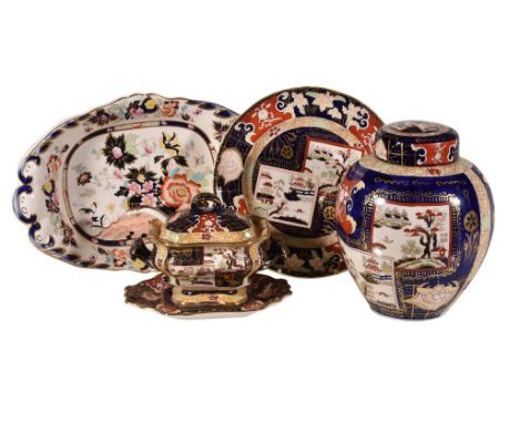  A selection of Ashworth's ironstone,   comprising: a ginger jar and cover; a sauce tureen, cover, stand and ladle, a serving
