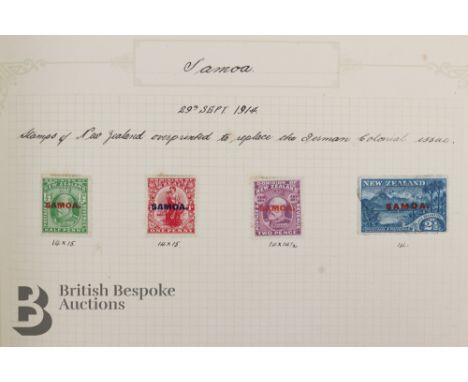 A green stamp album containing late 19th and early 20th century Commonwealth stamps, including early Samoan, New Zealand, Sou