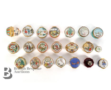 Quantity of 20th century enamel pill boxes, including eight Bilston &amp; Battersea Christmas boxes.&nbsp;