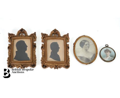 A monochrome portrait miniature of a young woman wearing pearls (*af), together with two Georgian-style silhouettes, the firs