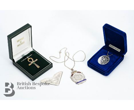 Silver and enamel Queen Elizabeth II R.A.O.B commemorative silver pendant on chain, together with a Queen Elizabeth silver pe