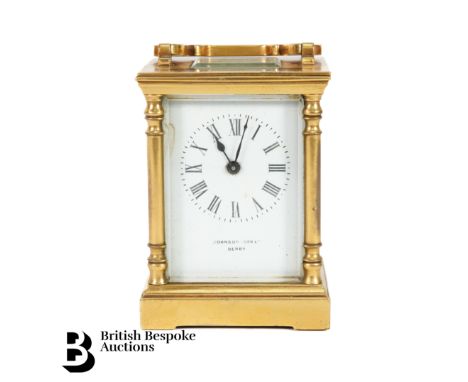 Johnson &amp; Sons Ltd Derby gilt brass carriage clock, white enamel face with Roman dial, complete with key, approx 11 x 8 c