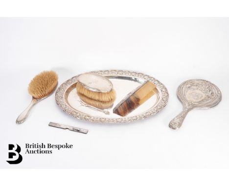Miscellaneous silver including an oval tray stamped 'silver' approx 27 x 39 cms, silver clothes brush, silver hairbrush, ster