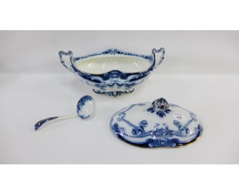 Staffordshire blue and white Iris patterned tureen cover and ladle