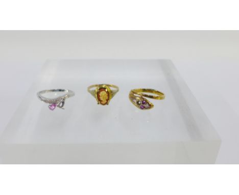 9 carat gold Cameo ring and two other 9 carat gold gemset dress rings (stones missing) (3) 