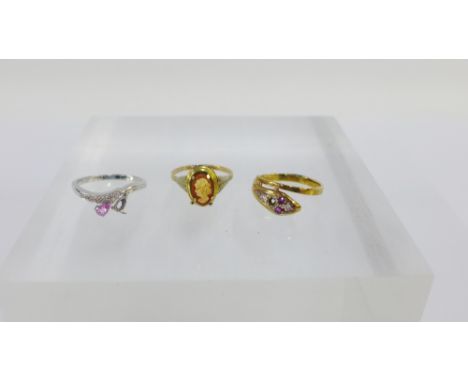 9 carat gold Cameo ring and two other 9 carat gold gemset dress rings (stones missing) (3) 