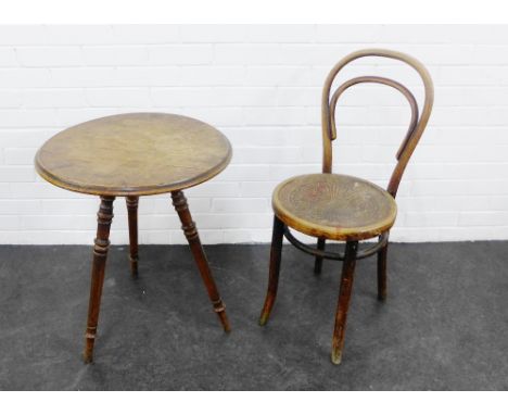 Early 20th century Bentwood chair, together with an oak tripod table, 66 x 56cm, (2) 