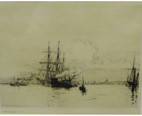 Harold Wyllie (1880 - 1973)  'Woolwich Beach'  Engraved print Signed in pencil, in a glazed frame, 28 x 22cm  