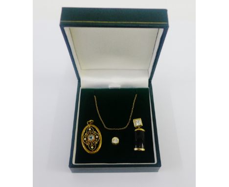9 carat gold necklace together with three pendants to include a 14 carat gold seed pearl and aquamarine pendant, 9 carat gold