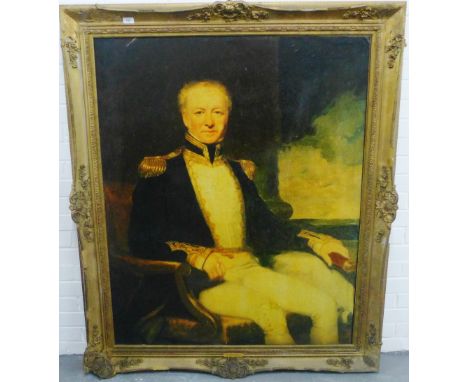 Reproduction portrait print of Admiral John Smallit of Bonhill, in an ornate giltwood frame, 100 x 125cm
