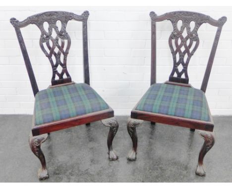 Pair of Chippendale style mahogany chairs with interlaced splat back, tartan upholstered seat  and carved cabriole legs termi