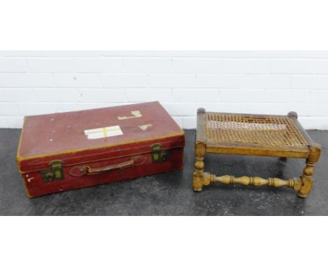 Vintage brown leather suitcase, 38 x 62cm,  together with a Bergere topped stool, (2) 