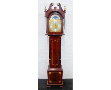 Contemporary mahogany and inlaid longcase clock, the broken swan pediment over a brass dial with moon phase and subsidiary di