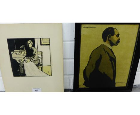 William Nicholson, woodblock print, in a glazed frame, together with another of a 'Seated Female, signed with initials, on a 