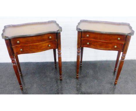 Large pair of beside / lamp side tables with leatherette tops and brass gallery, over two long drawers, on reeded legs 85 x 6