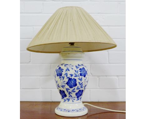 Pair of blue and white pottery table lamp bases, approx 48cm high