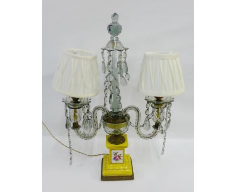 Waterford style cut glass twin branch table lamp base on a yellow and white porcelain square base with hand painted floral sp