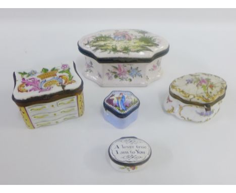 A collection of 18th century and later porcelain and enamel boxes to include 'A lover true I am to You and Accept this trifle