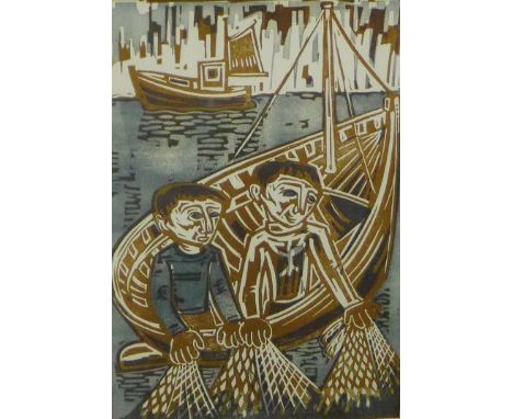 Woodblock print of Fisherman, in a glazed frame 20 x 30cm 